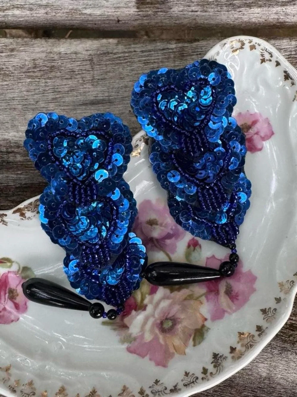 Vintage burlesque Tassel Blue Sequin Beaded Drop Earrings